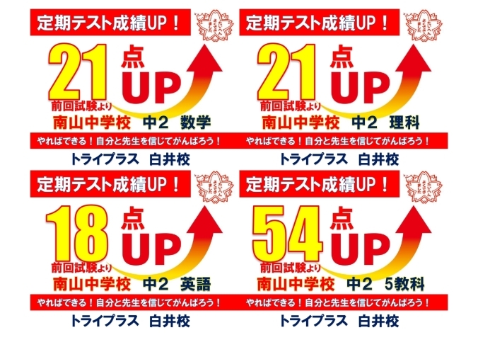 前回の定期試験からのUP事例の一部をご紹介！「南山中、白井中の皆さんへ！定期テスト対策はじめます！」