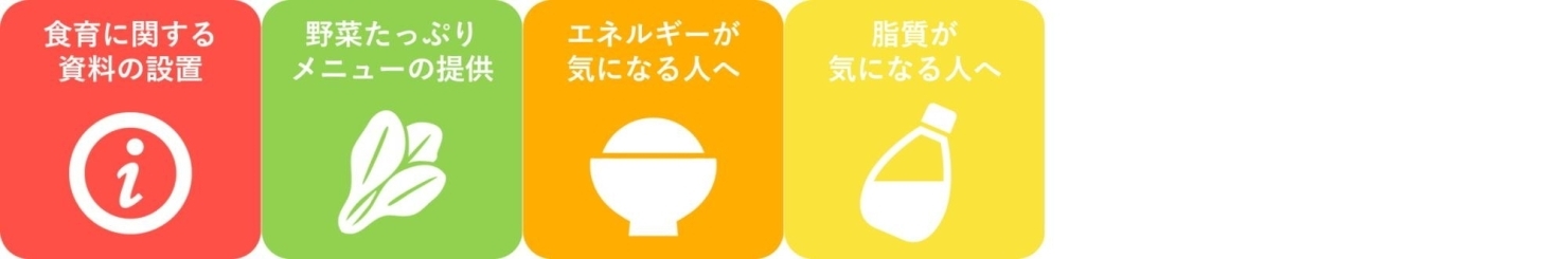 野菜たっぷりのメニュー提供／エネルギーが気になる人へ／脂質が気になる人へ