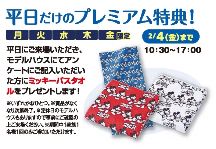 平日限定プレゼント「ミッキーバスタオル」「セキスイハイムからのお知らせ！！【木更津市民会館の隣りにある総合住宅展示場】」