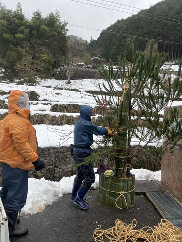 小雨が降るなかの作業「昨年は猛吹雪じゃったなー」「立派な門松を地域の方が作ってくださいました。入居者さまもびっくりされると思います。」