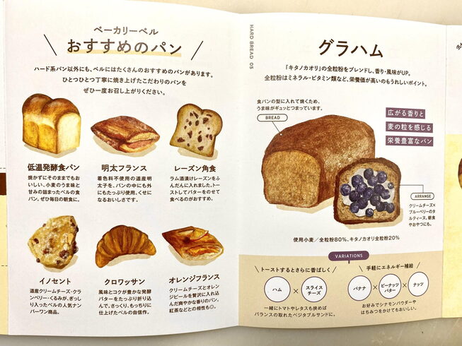 自家製酵母パンの食べ方提案パンフレット。「自家製酵母パン(札幌市西区西野ベーカリーベル本店)」