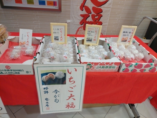 旬の『いちご大福』。色んなサイズで販売しています！「【和歌山駅の大人気スイーツフェア！】和歌山市の和菓子屋「紫香庵」が出店！」