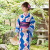 高級 綿麻浴衣 単品｜鮮やかな青×白に撫子と市松模様 レトロモダン｜フリーサイズ