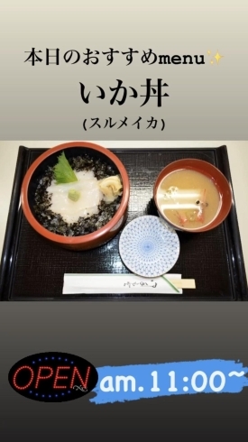 いか丼「8月21日金曜日は、『噴水の日』です。そんな本日のおすすめmenuは✨いか丼……900円、漁協の食堂で海鮮ランチはいかがでしょうか？am.11:00~OPENです。」