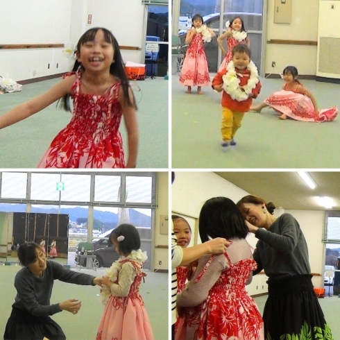 お姉ちゃんのレイを借りて嬉しそうに逃げる弟ちゃん♡「子供フラダンス教室 那珂川市 新しい衣装でワクワク！」