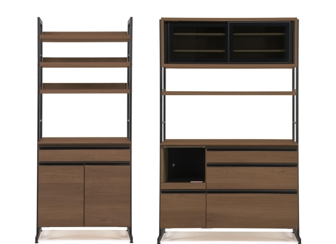 ウォールナット色　80cmタイプ（左）もあります「「収納力＋デザイン」　食器棚　オープンタイプ124cm　　地震でも安心のスライド扉仕様」