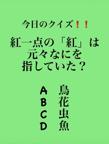 2月2日火曜日今日のクイズ 紅一点の 紅 は元々なにを指していた A 鳥 B 花 C 虫 D 魚 本日のおすすめmenu 煮魚 定食 0円 鯖の味噌煮です 漁協の食堂でお魚ランチはいかがでしょうか 地魚食道 瓢のニュース まいぷれ 新潟市