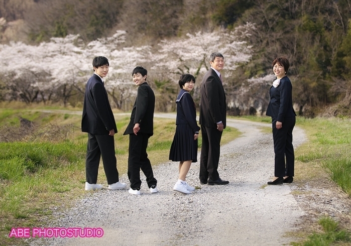 いつも入学記念は桜ロケ撮影♪ 家族写真もぜひ！！「桜ロケも素敵だけど、通学路ロケもおススメです！」
