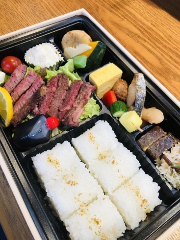 和牛サーロインステーキ弁当　黒毛和牛A5です。「《期間限定 》お弁当のテイクアウト・配達も承ってます。」