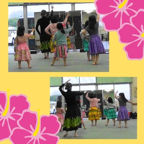 それぞれお気に入りのパウスカートで。可愛いね！「子供フラダンス教室　那珂川市　可愛らしいハワイアンソングにあわせて踊りましょう！」